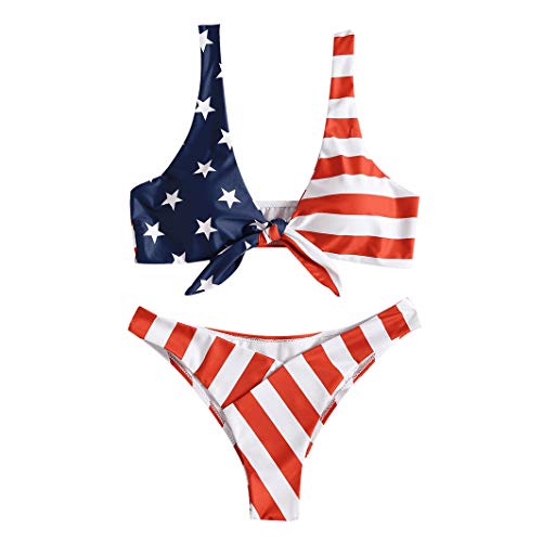JewelryWe Sexy Damen Bikini-Sets USA Flagge Knoten Push Up Gepolstert Bustier Bikinislip Badeanzug Bademode, S von JewelryWe
