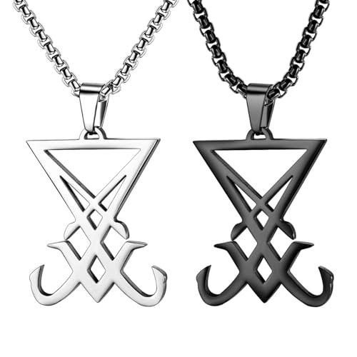 JewelryWe Siegel von Luzifer Kette Herren: 2 Stück Edelstahl Satanisches Symbol Sigil of Lucifer Satan Anhänger Religiöse Halskette Heidnisch Wicca Amulett Schmuck für Männer von JewelryWe