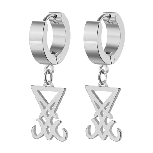 JewelryWe Siegel von Luzifer Ohrringe Creolen: Silber Edelstahl Satan Satanisches Symbol Creolen Huggie Ohrringe Vintage Ohrstecker Kirche Wiccan Amulett Religiöser Schmuck für Herren Damen von JewelryWe