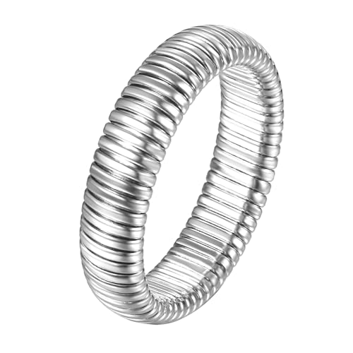 JewelryWe Silber Elastische Ringe für Damen: 6mm Breit Edelstahl Damen-Ring Einfach Gestreift Chunky Ring Frauen Klobig Dick Stapelbare Dehnbare Ringe Band Größe 62 von JewelryWe