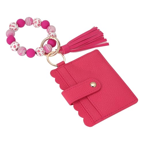 JewelryWe Silikon Armband Schlüsselanhänger mit Kartenhalter: Rot Silikonperlen Armreif Handgelenk Schlüsselbund Schlüsselkette mit Leder Brieftasche Geldbörse für Damen von JewelryWe