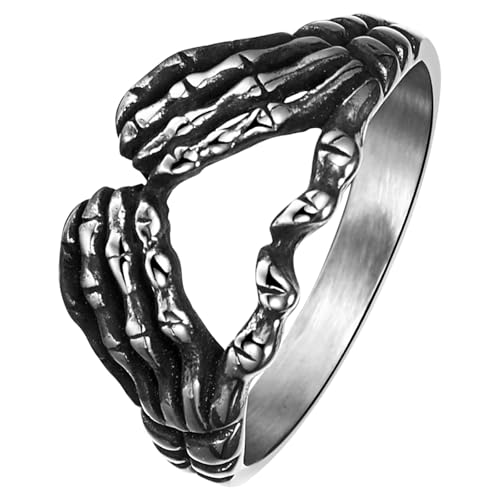 JewelryWe Skelett Hand Herz Ring: Herren Damen Gothic Punk Skull Handknochen Herz Ringe Hip Hop Liebe Geste Fingerringe Halloween Hochzeit Band Schmuck Geschenk für Männer Frauen Größe 67 von JewelryWe