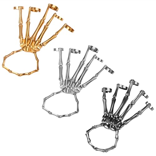 JewelryWe Skelett Hand Ringe Armband: 3pcs Halloween Skull Handknochen Armband Punk Gothic Skelettarmband mit verstellbar Ring Greifer-Schädel-Armband für Damen Herren Kinder Cosplay Party Kostüm von JewelryWe