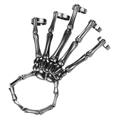 JewelryWe Skelett Hand Ringe Armband: Halloween Schwarz Skull Handknochen Armband Punk Gothic Skelettarmband mit verstellbar Ring Greifer-Schädel-Armband für Damen Herren Kinder Cosplay Party Kostüm von JewelryWe