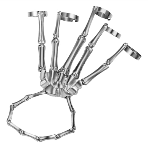 JewelryWe Skelett Hand Ringe Armband: Halloween Silber Skull Handknochen Armband Punk Gothic Skelettarmband mit verstellbar Ring Greifer-Schädel-Armband für Damen Herren Kinder Cosplay Party Kostüm von JewelryWe