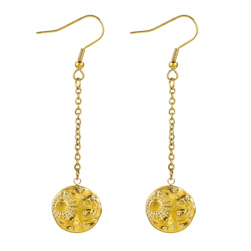 JewelryWe Sonne Mond Ohrringe Damen: Gold Edelstahl Hängende Ohrringe Halbmond Stern Tropfen Baumeln Ohrringe Runde Statement Ohrringe Ohrhänger Schmuck Geschenk für Frauen Mädchen von JewelryWe