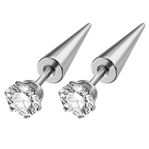 JewelryWe Spike Knorpel Ohrstecker Edelstahl: Silber Spitze Kegelnieten Ohrringe mit Zirkonia Schrauben Ohrstecker Helix Tragus Ohr Piercing für Herren Damen Hip Hop Punk von JewelryWe