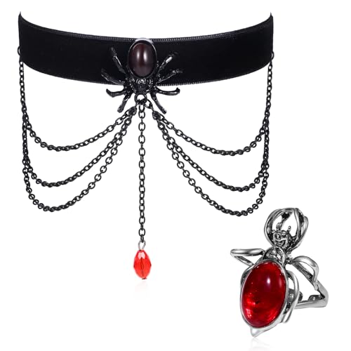 JewelryWe Spinne Choker Kette mit Ring: 2er Set Gothic Schwarz Samt Halsband Ring Damen Vintage Punk Rot Kristall Quaste Anhänger Halskette mit Fingerring Schmuckset Halloween Victoria Kragen Kette von JewelryWe