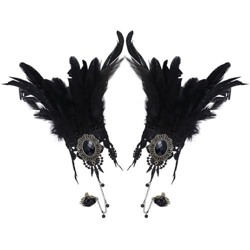 JewelryWe Spitze Feder Ring Armband: Gothic Schwarz Spitzen-Ring-Armband Vintage Feder Handschuhe mit Kette & Fingerring Punk Sklave Ring Handkette Damen Mädchen Halloween Cosplay Kostüm von JewelryWe