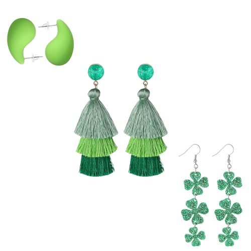 JewelryWe St. Patrick's Day Ohrringe Damen: 3 Paar Grün Acryl Ohrringe Kleeblatt Tropfen Wassertropfen Quasten Irische Baumelnde Ohrringe Glücksbringer Ohrhänger Ohrstecker für Frauen Mädchen von JewelryWe