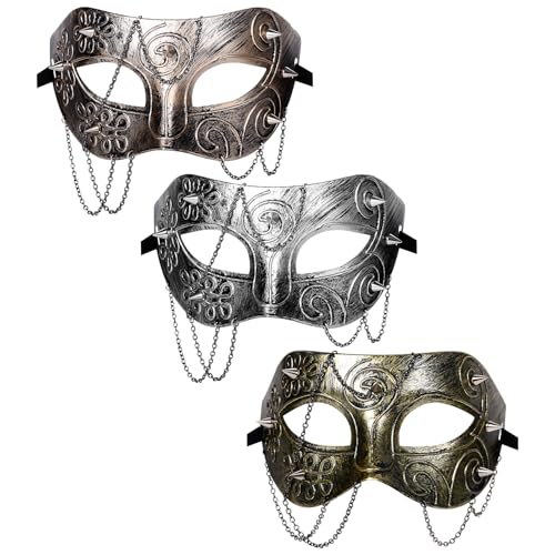 JewelryWe Steampunk Geistermaske Maskerade Maske: 3pcs Venezianische Maske mit Metall Spike Nieten & Ketten Futuristische Tech-Stil Kostümmaske Gothic Halloween Karneval Party Augenmaske von JewelryWe