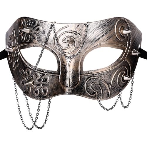 JewelryWe Steampunk Geistermaske Maskerade Maske: Antik Bronze Venezianische Maske mit Metall Spike Nieten & Ketten Futuristische Tech-Stil Kostümmaske Gothic Halloween Karneval Party Augenmaske von JewelryWe