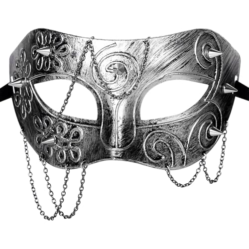 JewelryWe Steampunk Geistermaske Maskerade Maske: Antik Silber Venezianische Maske mit Metall Spike Nieten & Ketten Futuristische Tech-Stil Kostümmaske Gothic Halloween Karneval Party Augenmaske von JewelryWe