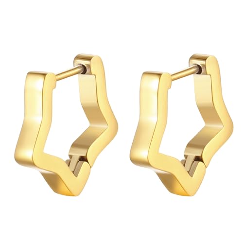 JewelryWe Stern Ohrringe für Herren Damen: Gold Edelstahl Pentagramm Klein Huggie Creolen Geometrische Ohrringe Punk Ohrstecker Ohr Piercing Hypoallergen Ohrschmuck von JewelryWe