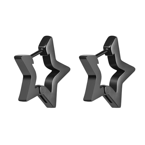 JewelryWe Stern Ohrringe für Herren Damen: Schwarz Edelstahl Pentagramm Klein Huggie Creolen Geometrische Ohrringe Punk Ohrstecker Ohr Piercing Hypoallergen Ohrschmuck von JewelryWe