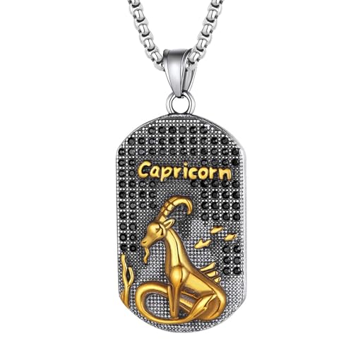JewelryWe Sternzeichen Kette Herren Erkennungsmarke: Steinbock Edelstahl 12 Sternbilder Tierkreis Horoskop Dog Tag Hundemarke Anhänger mit Gravur Konstellation Halskette für Männer Gold Silber von JewelryWe