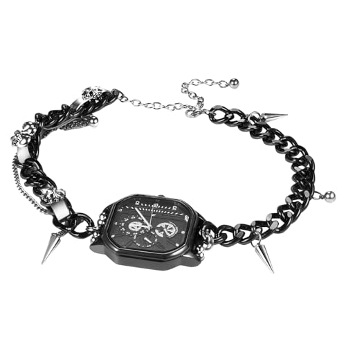 JewelryWe Taschenuhr Damen Choker mit Uhr: Gothic Analog Quarz Achteckig Kettenuhr Edelstahl Panzerkette Leder Chunky Verstellbar Halskette Kreuz Spikes Anhänger Quadratisch Anhängeruhr Schwarz von JewelryWe