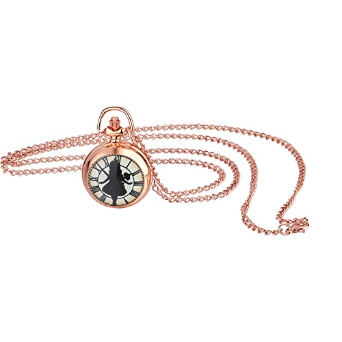 JewelryWe Taschenuhr Damen Elegant Engel Mädchen Römische Ziffern Analog Quarz Uhr mit Halskette Kette Pocket Watch Geschenk Rosegold von JewelryWe