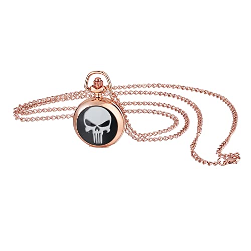 JewelryWe Taschenuhr Damen Elegant Totenkopf Schädel Analog Quarz Uhr mit Halskette Kette Pocket Watch Geschenk Rosegold von JewelryWe