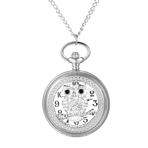 JewelryWe Taschenuhr Damen Eule Silber - Elegant Glitzer Strass Eule Taschenuhr Analog Quarz Kettenuhr Männer Frauen Uhr mit Halskette Kette Pocket Watch Geschenk von JewelryWe