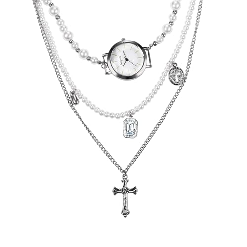 JewelryWe Taschenuhr Damen Halskette mit Uhr: 3-reihige Perlenkette Silberne Halskette mit Kreuz Kristallen Uhr Anhänger Elegant Analog Quarz Kettenuhr mit Geschichtet Perlen Kette Geschenk für Frauen von JewelryWe