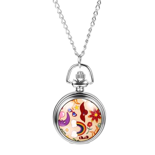 JewelryWe Taschenuhr Damen Klein mit Kette: Vintage Sonnenblumen Regenbogen Sonnenhut Sonnenbrille Mond Stern Kettenuhr Analog Quarz Uhr mit Halskette Geschenk für Mutter Ehefrau Schwester von JewelryWe