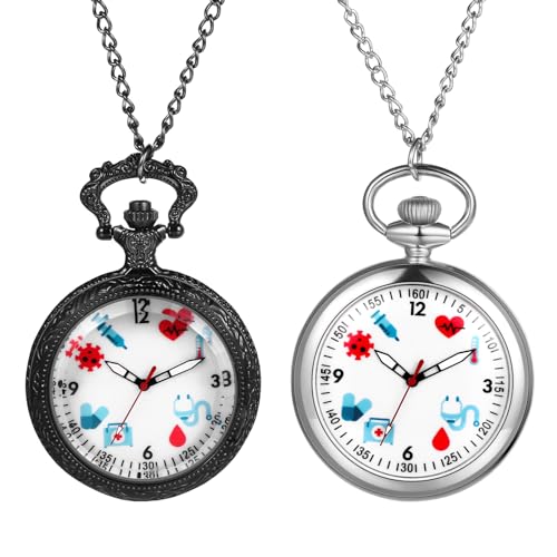 JewelryWe Taschenuhr Damen Krankenschwester Uhr: 2 Stück Analog Quarz Krankenschwesteruhr Schwesternuhr Medizinische Muster Zifferblatt Kettenuhr Uhranhänger mit Halskette Kette für Ärtzte Frau Männer von JewelryWe