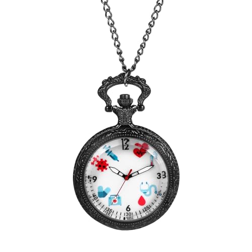 JewelryWe Taschenuhr Damen Krankenschwester Uhr: Schwarz Analog Quarz Krankenschwesteruhr Schwesternuhr Medizinische Muster Zifferblatt Kettenuhr Uhranhänger mit Halskette Kette für Ärtzte Frau Männer von JewelryWe