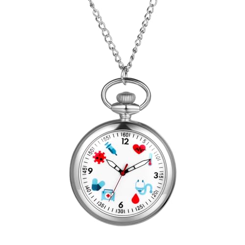 JewelryWe Taschenuhr Damen Krankenschwester Uhr: Silber Analog Quarz Krankenschwesteruhr Schwesternuhr Medizinische Muster Zifferblatt Kettenuhr Uhranhänger mit Halskette Kette für Ärtzte Frau Männer von JewelryWe