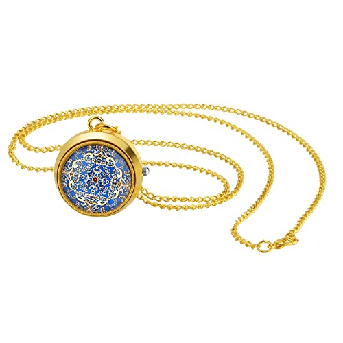 JewelryWe Taschenuhr Damen Vintage Chinesisch Blau Glückverheißend Wolkenbrokat Analog Quarz Uhr mit Halskette Kette Kettenuhr Gold Unisex von JewelryWe