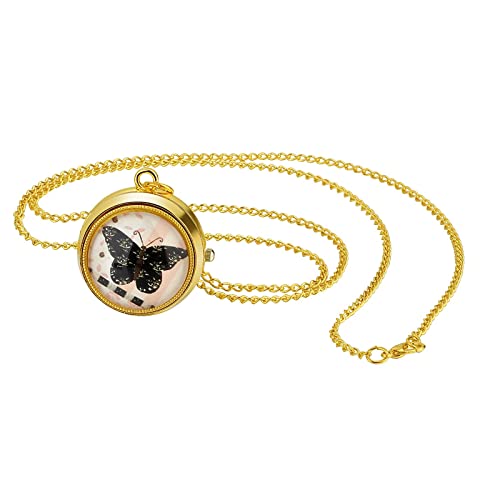 JewelryWe Taschenuhr Damen Vintage Schmetterling Analog Quarz Uhr mit Halskette Kette Kettenuhr Gold Unisex von JewelryWe