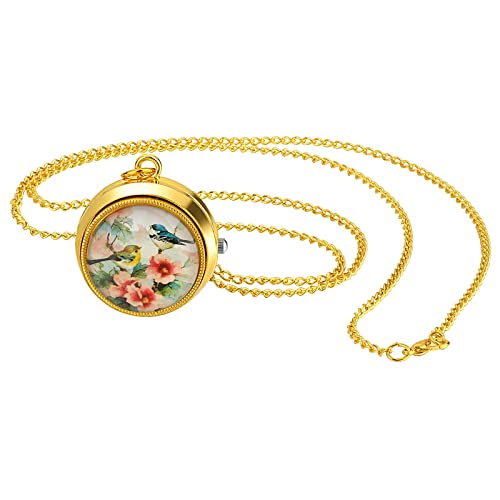 JewelryWe Taschenuhr Damen Vintage Vögel und Blumen Analog Quarz Uhr mit Halskette Kette Kettenuhr Gold Unisex von JewelryWe