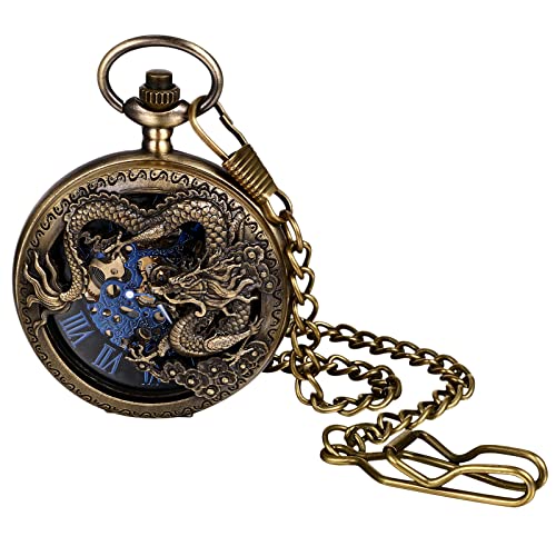 JewelryWe Taschenuhr Herren Antik Drachen Skelett Automatikuhr Automatik Mechanische Kettenuhr Vintage Uhr Anhänger mit Halskette Kette für Männer Bronze von JewelryWe