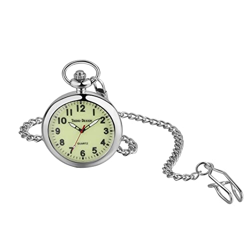 JewelryWe Taschenuhr Herren Damen Klassische Grün Leuchtendes Zifferblatt Analog Quarz Uhr mit Halskette Taille Kette Silber Pocket Watch Geschenk von JewelryWe