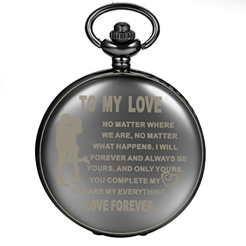 JewelryWe Taschenuhr Herren Damen mit Gravur Liebe to My Love, Glatt Quarz Analog Uhr mit Kette Halskette für Frauen Männer Schwarz von JewelryWe