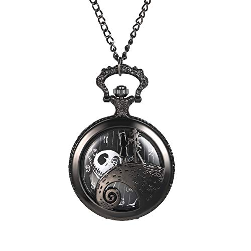 JewelryWe Taschenuhr Herren Damen mit Schädel Totenkopf Jack Skellington aus The Nightmare Before Christmas, Quarz Analog Uhr mit Kette Halskette Schwarz von JewelryWe