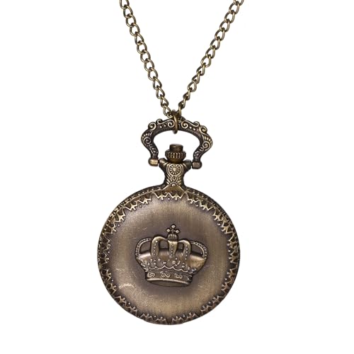 JewelryWe Taschenuhr Herren Krone Uhr: Vintage Bronze Analog Quarz Kettenuhr König Krone Uhr Anhänger mit Halskette Kette Pocket Watch Geschenk für Männer Frauen von JewelryWe