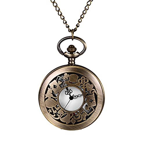 JewelryWe Taschenuhr Herren Retro Alice im Wunderland Skelett Kettenuhr mit Römischen Ziffern Vintage Analog Quarz Uhr Anhänger mit Halskette Kette für Damen Männer Bronze von JewelryWe