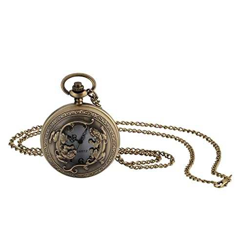 JewelryWe Taschenuhr Herren Retro Pixiu Tapferen Truppen Kylin für Reichtum Hohle Openwork Analog Quarz Uhr mit Halskette Kette Bronze Unisex Pocket Watch Geschenk von JewelryWe