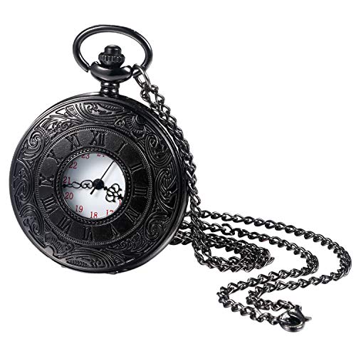 JewelryWe Taschenuhr Herren Retro geschnitzt Blumenmuster Römische Ziffern Analog Quarz Uhr mit Halskette Kette Pocket Watch Geschenk Schwarz von JewelryWe