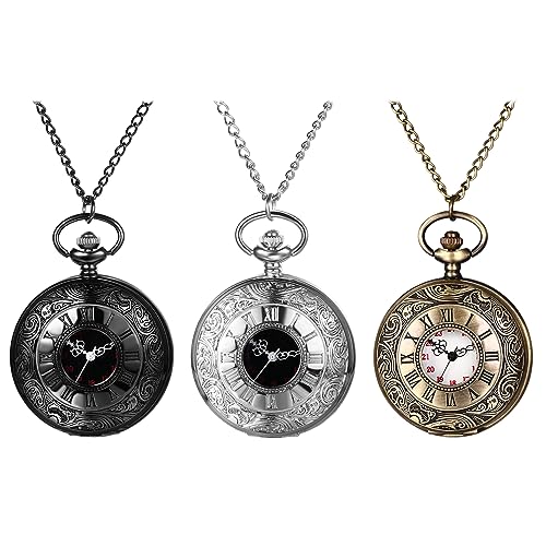 JewelryWe Taschenuhr Herren Römische Ziffern - 3pcs Schwarz/Silber/Bronze Vintage 12/24H Römische Zahlen Kettenuhr Analog Quarz Uhr Anhänger mit Halskette Kette Pocket Watch Geschenk für Männer von JewelryWe