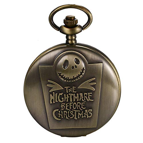 JewelryWe Taschenuhr Herren mit Schädel Totenkopf Skelett aus Burton's Nightmare Before Christmas&Römische Ziffern, Quarz Analog Uhr mit Kette Halskette von JewelryWe