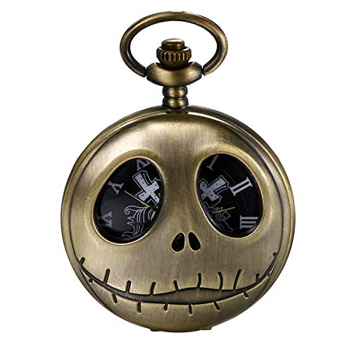 JewelryWe Taschenuhr Herren mit Schädel Totenkopf Skelett & Kreuz Römische Ziffernblatt, Quarz Analog Uhr mit Kette Halskette Halloween von JewelryWe