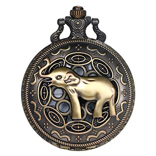 JewelryWe Taschenuhr Retro 3D Elefant Hohle Openwork Quarz Analog Uhr mit Kette Halskette Bronze Geschenk für Herren Damen von JewelryWe