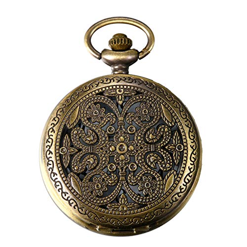 JewelryWe Taschenuhr Retro Blumen Schmetterling Hohe Openwork Analog Quarz Uhr mit Halskette Kette Uhren Pocket Watch Geschenk Bronze von JewelryWe