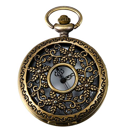 JewelryWe Taschenuhr Retro Blumenmuster Hohe Openwork Analog Quarz Uhr mit Halskette Kette Uhren Pocket Watch Geschenk Bronze von JewelryWe