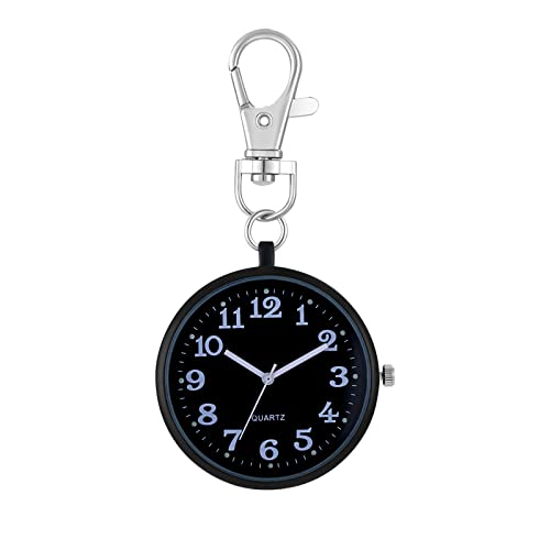 JewelryWe Taschenuhr Uhr mit Karabiner Schlüsselanhänger: Damen Herren Karabineruhr Klassische Einfache Analog Quarz Uhren mit Schwarz Rundem Gehäuse und großen Arabischen Zahlen Zifferblatt von JewelryWe