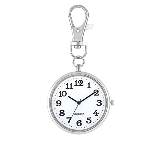 JewelryWe Taschenuhr Uhr mit Karabiner Schlüsselanhänger: Damen Herren Karabineruhr Klassische Einfache Analog Quarz Uhren mit Silber Rundem Gehäuse und großen Arabischen Zahlen Zifferblatt von JewelryWe