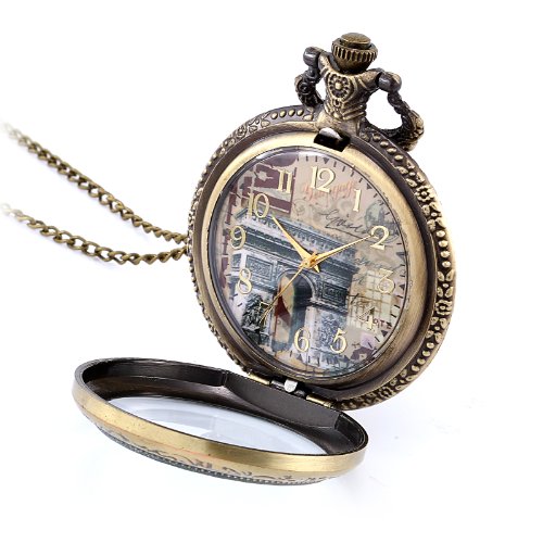 JewelryWe Taschenuhr mit Anhänger, Retro-Stil, französischer Triumphbogen, lange Halskette, 76,2 cm, inklusive Geschenkbeutel, Glas, Kein Stein von JewelryWe