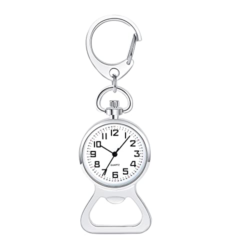 JewelryWe Taschenuhr mit Karabiner Flaschenöffner Quarz Analog Uhr Clip-on Quarzuhr für Ärzte Krankenschwestern Sanitäter Köche Silber von JewelryWe